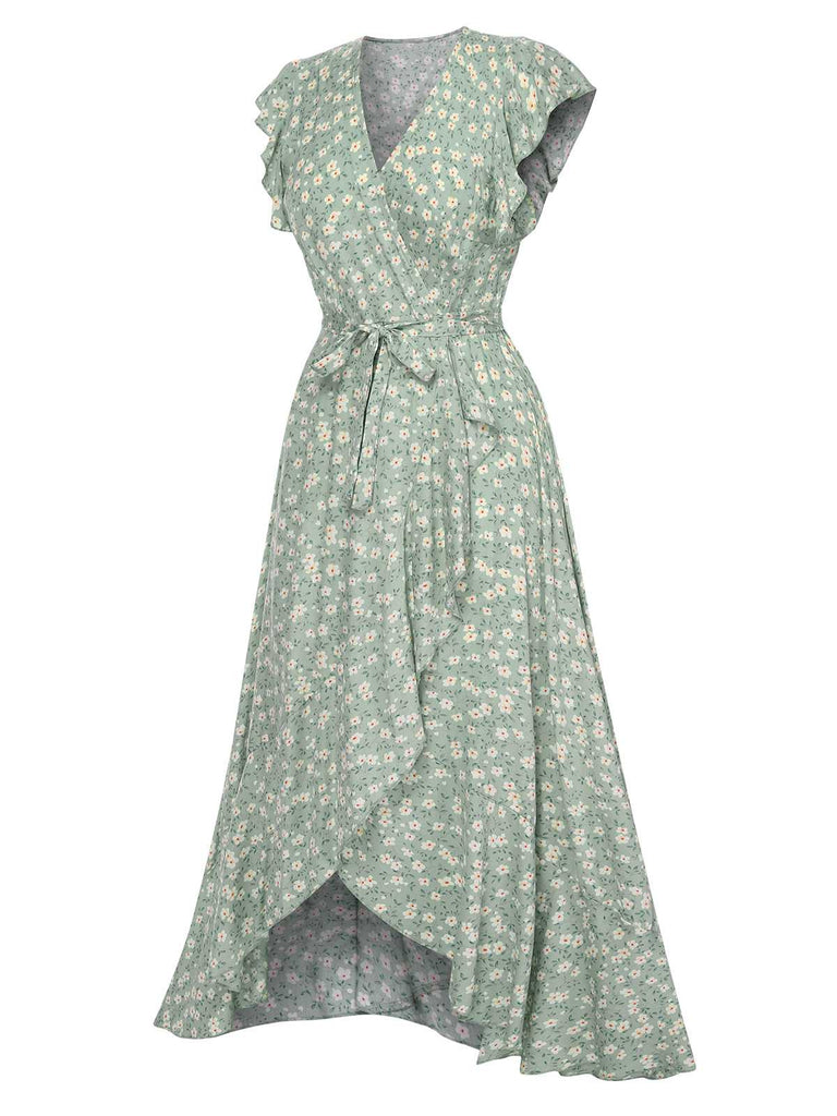 green emerald velvet dress Green 1940s V-Neck Ditsy Floral Irregular Hem Dress