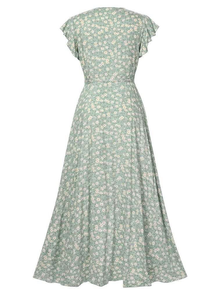 Green 1940s V-Neck Ditsy Floral Irregular Hem Dress Green 1940s V-Neck Ditsy Floral Irregular Hem Dress