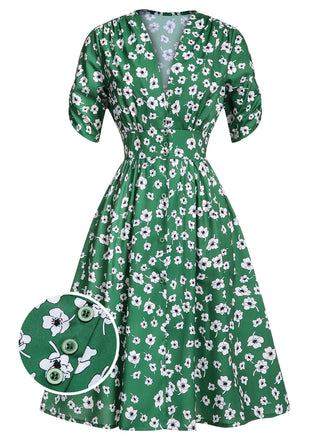 Green 1940s V-Neck Floral Dress, vintage dress, retro fashion, floral print - perfect for women who love vintage and retro fashion