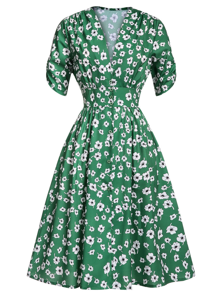 Retro Stage V-Neck Collar Floral Vintage Dress Green