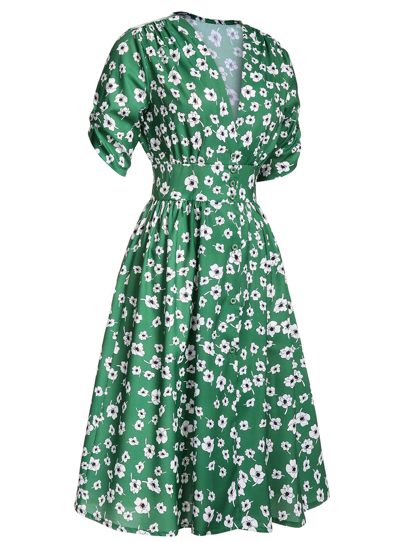 Retro Stage V-Neck Collar Floral Vintage Dress Green Retro Stage V-Neck Collar Floral Vintage Dress Green