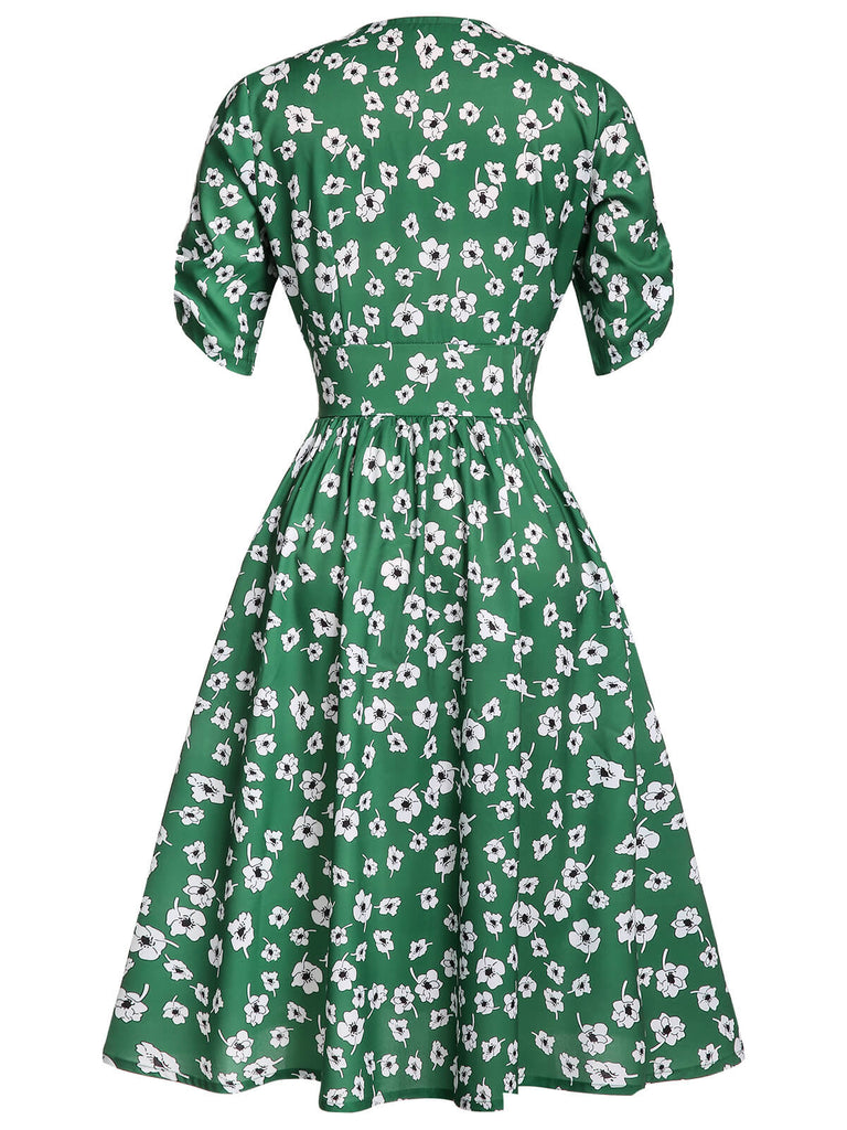 Retro Stage V-Neck Collar Floral Vintage Dress Green