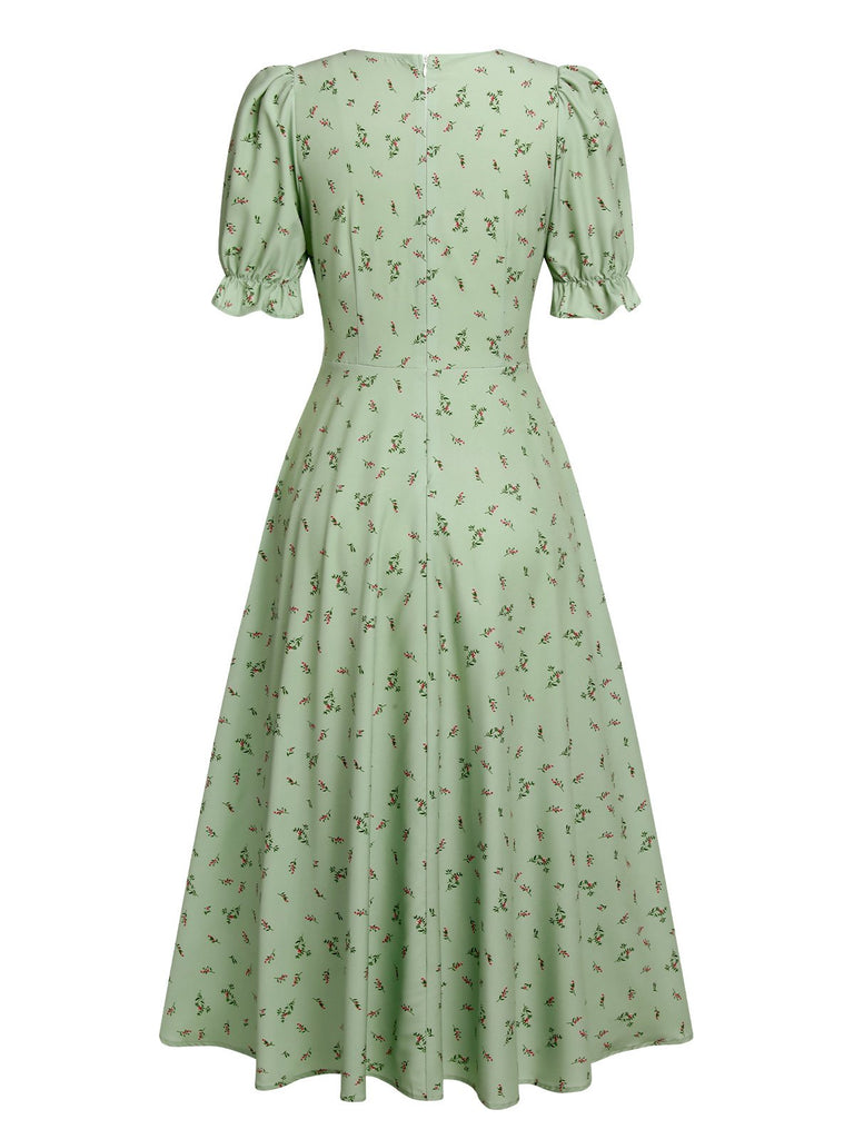 Green 1940s V-Neck Floral Lantern Sleeves Dress, vintage dress, retro fashion, floral print - perfect for women who love vintage and retro fashion