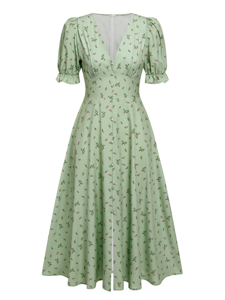 Green 1940s V-Neck Floral Lantern Sleeves Dress, vintage dress, retro fashion, floral print - perfect for women who love vintage and retro fashion
