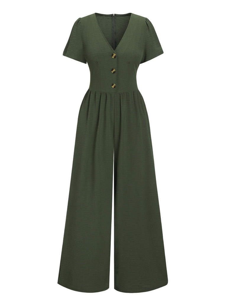 Green 1940s V-Neck Solid Jumpsuit, vintage romper, retro jumpsuit - perfect for women who love vintage and retro fashion