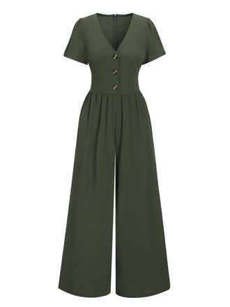 Green 1940s V-Neck Solid Jumpsuit, vintage romper, retro jumpsuit - perfect for women who love vintage and retro fashion