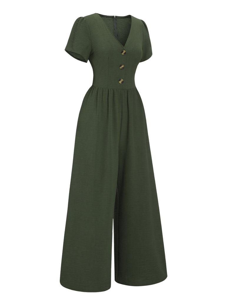 Green 1940s V-Neck Solid Jumpsuit, vintage romper, retro jumpsuit - perfect for women who love vintage and retro fashion