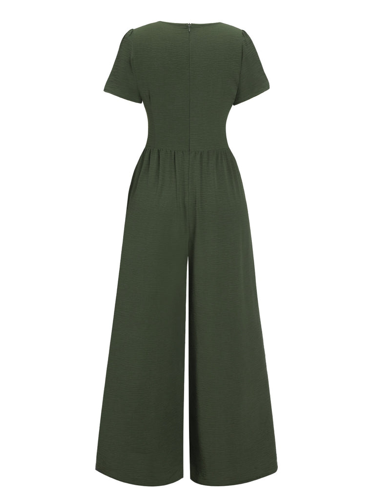 Green 1940s V-Neck Solid Jumpsuit, vintage romper, retro jumpsuit - perfect for women who love vintage and retro fashion