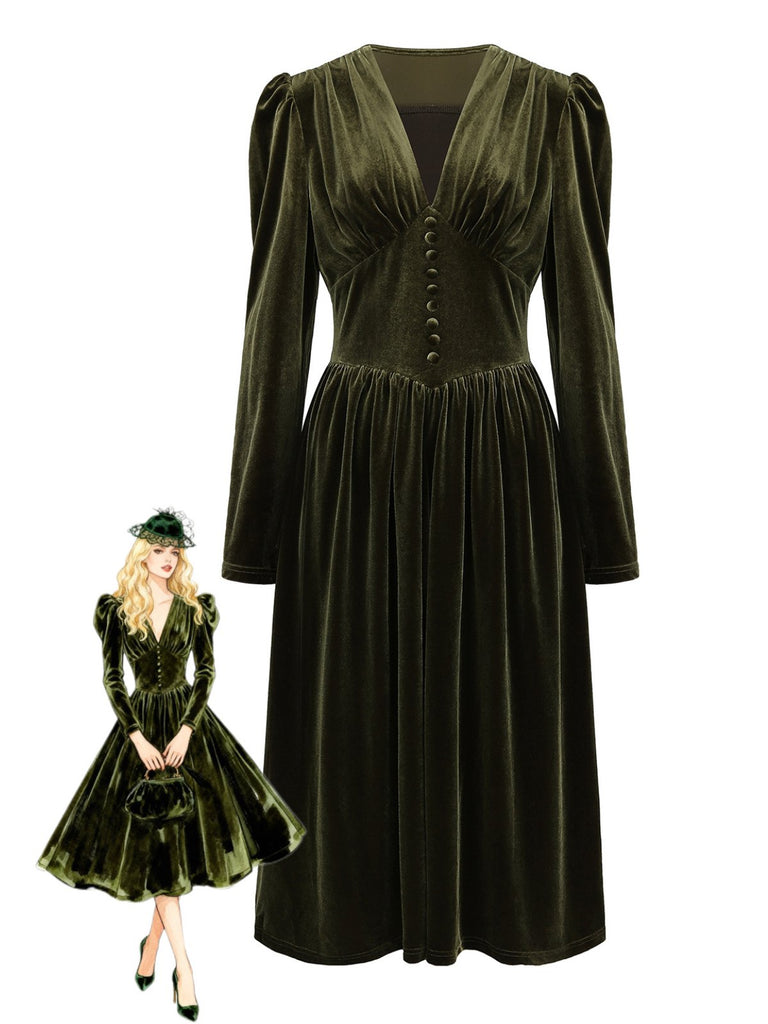 Green 1940s Velvet Deep-V Puff Sleeve Ruched Dress - vintage dress, retro fashion