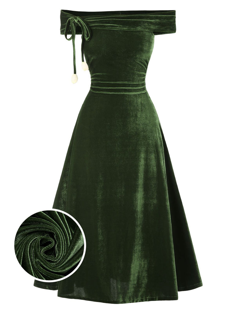 Vintage Velvet Off-Shoulder Ruched Midi Bardot Dress | Retro Cocktail Party Dress | Green Vintage Velvet Off-Shoulder Ruched Midi Bardot Dress | Retro Cocktail Party Dress | Green