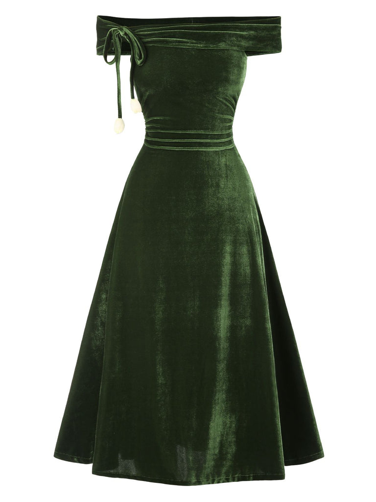 Vintage Velvet Off-Shoulder Ruched Midi Bardot Dress | Retro Cocktail Party Dress | Green Vintage Velvet Off-Shoulder Ruched Midi Bardot Dress | Retro Cocktail Party Dress | Green