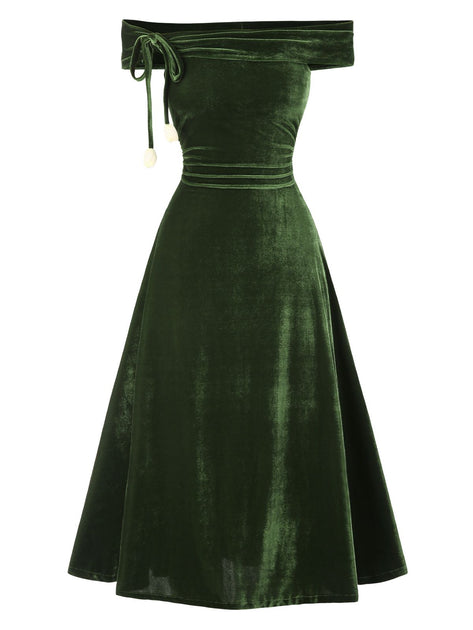 bardot velvet off the shoulder dress Vintage Velvet Off-Shoulder Ruched Midi Bardot Dress | Retro Cocktail Party Dress