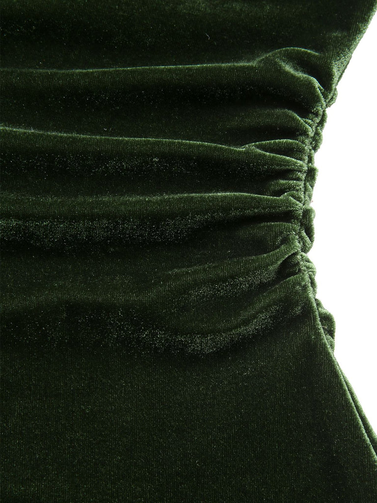 green velvet bardot dress Vintage Velvet Off-Shoulder Ruched Midi Bardot Dress | Retro Cocktail Party Dress main image 0