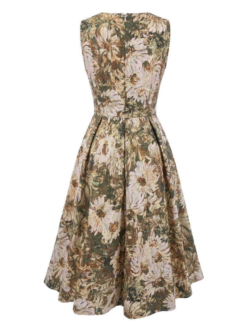 green 50s swing dress 1950s Botanical Floral Fit Flare 50's pinup dresses