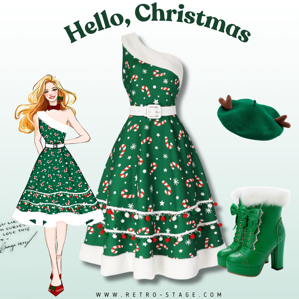 Green 1950s Candy Cane One-Shoulder Dress | Retro Stage Green 1950s Candy Cane One-Shoulder Dress | Retro Stage