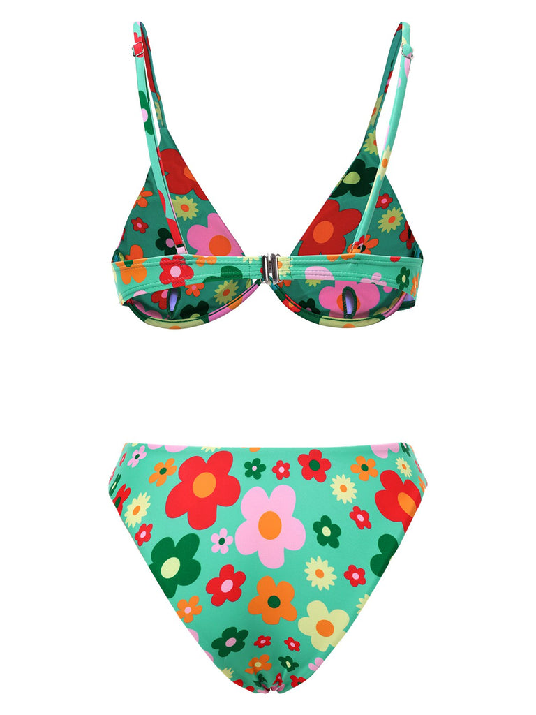 Green 1950s Cartoon Floral Bikini Set, vintage swimsuit, pin-up swimwear - perfect for women who love vintage and retro fashion