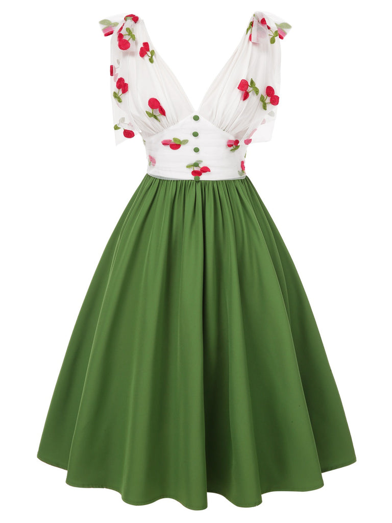 Green 1950s Cherry V-Neck Mesh Patchwork Dress Green 1950s Cherry V-Neck Mesh Patchwork Dress