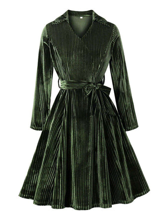 Green 1950s Christmas Corduroy Long Sleeve Dress - vintage dress, retro fashion, rockabilly