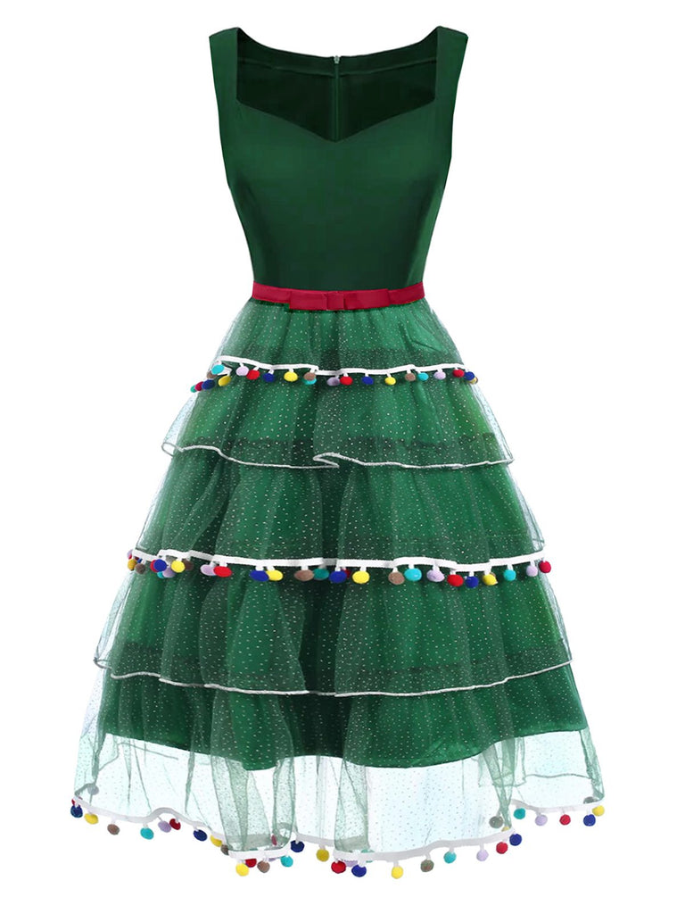 Novelty Christmas Tree Party Dress | Women's Green Tiered Tulle Midi with Ornament Details Novelty Christmas Tree Party Dress | Women's Green Tiered Tulle Midi with Ornament Details