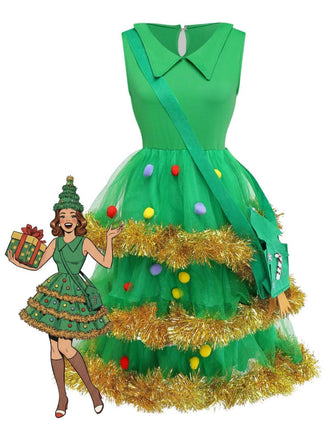 She slips into this Green 1950s Christmas Tree Tiered Dress Set and suddenly it's a 1950s daydream