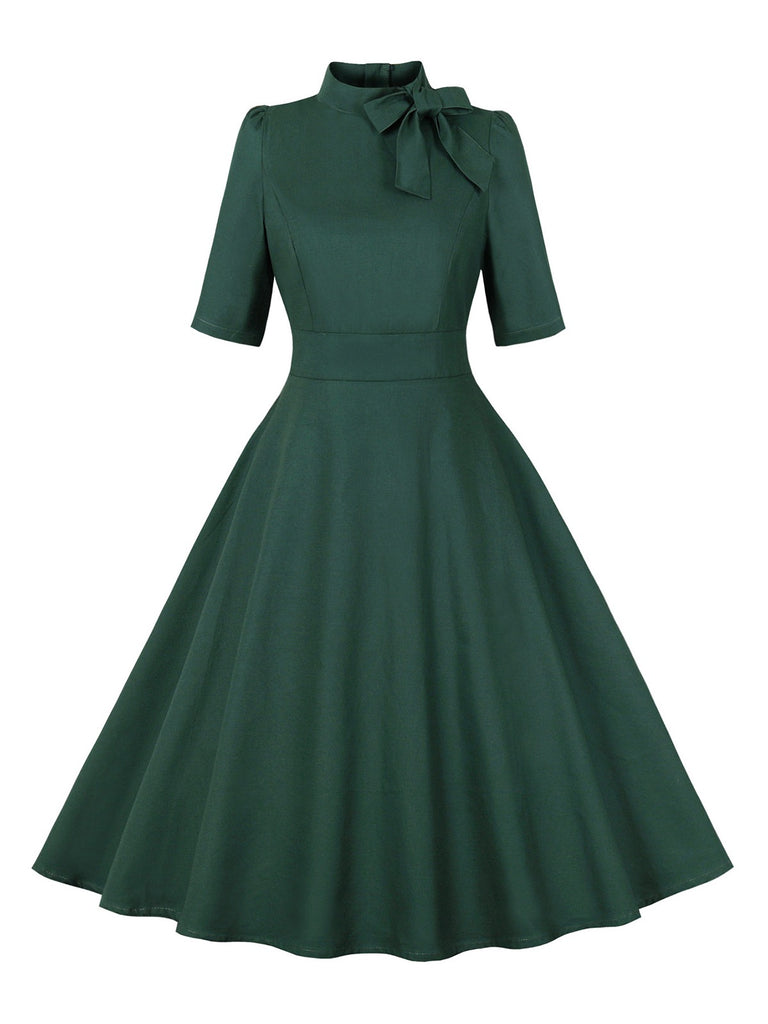 Green 1950s Cotton Tie Elbow Sleeves Dress: where 1950s romance meets her modern spirit