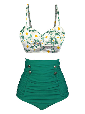 Green 1950s Daisy Strap Pleated Swimsuit: timeless style reimagined