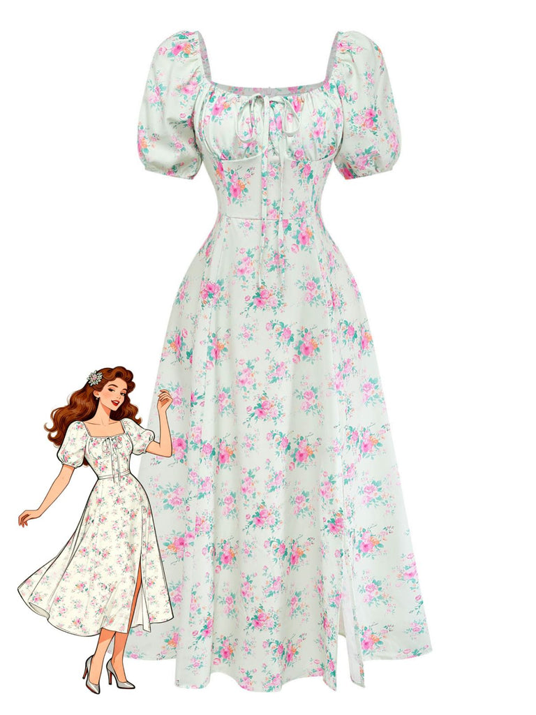Green 1950s Floral Square Neck Dress 2