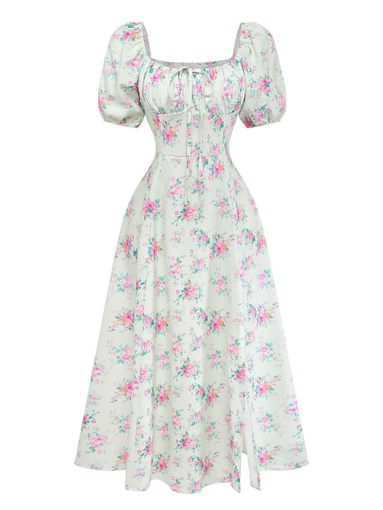 Green 1950s Floral Square Neck Dress 3