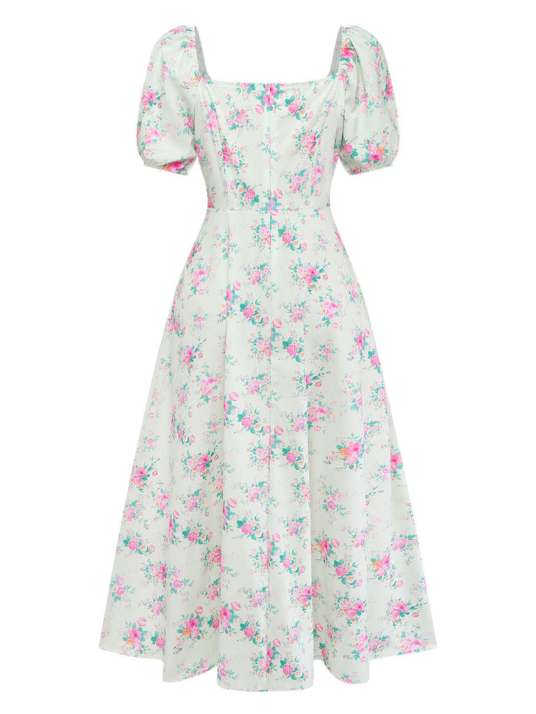 Green 1950s Floral Square Neck Dress 4