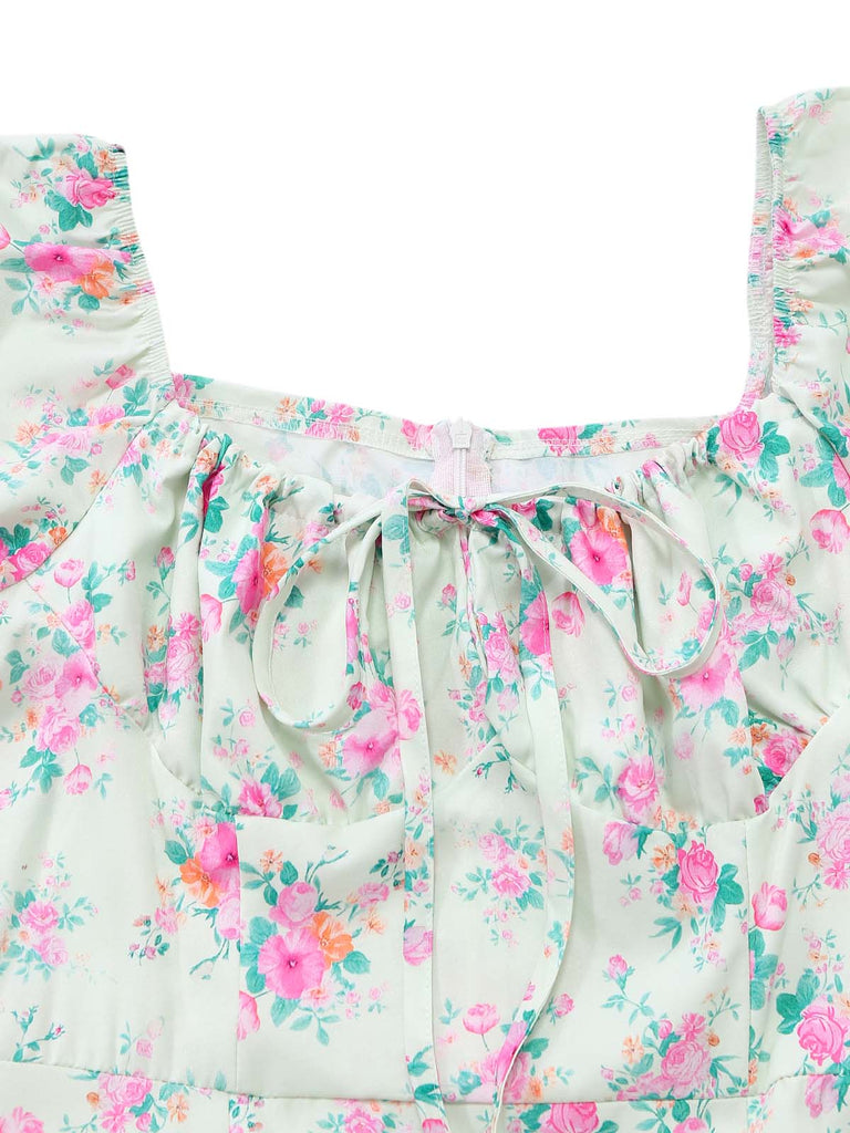 Green 1950s Floral Square Neck Dress 5