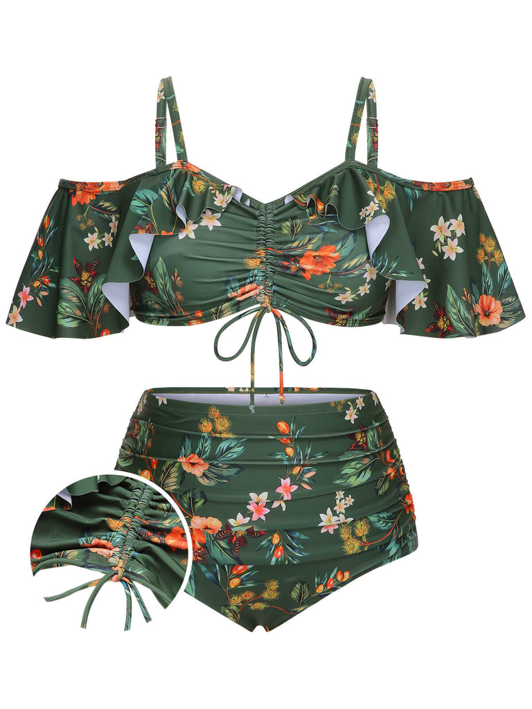 [Plus Size] Green 1950s Floral Drawstring Swimsuit Set, vintage swimsuit, pin-up swimwear - perfect for women who love vintage and retro fashion