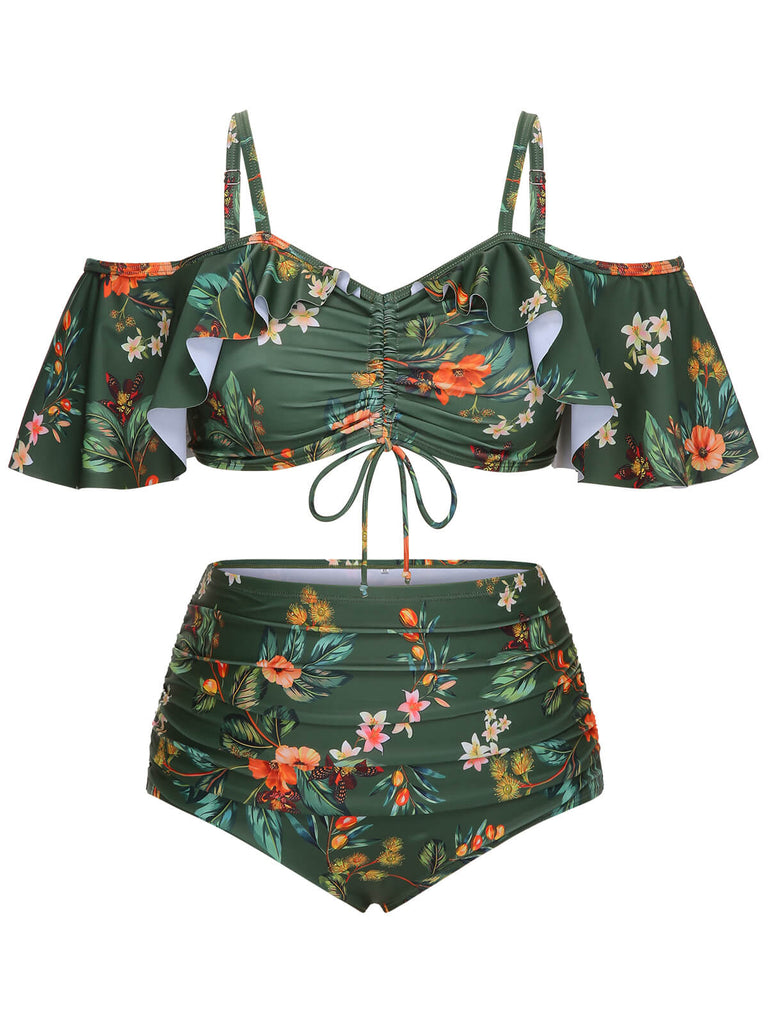 [Plus Size] Green 1950s Floral Drawstring Swimsuit Set, vintage swimsuit, pin-up swimwear - perfect for women who love vintage and retro fashion