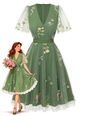 Green 1950s Floral Puff Sleeve Mesh Embroidered Dress - vintage dress, retro fashion, rockabilly