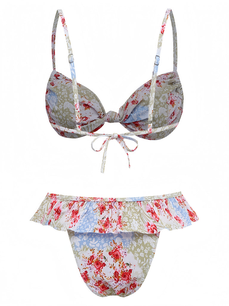 Green 1950s Floral Ruffle Bikini Set: beautiful vintage swimwear, retro swimsuit, pin-up style with timeless appeal