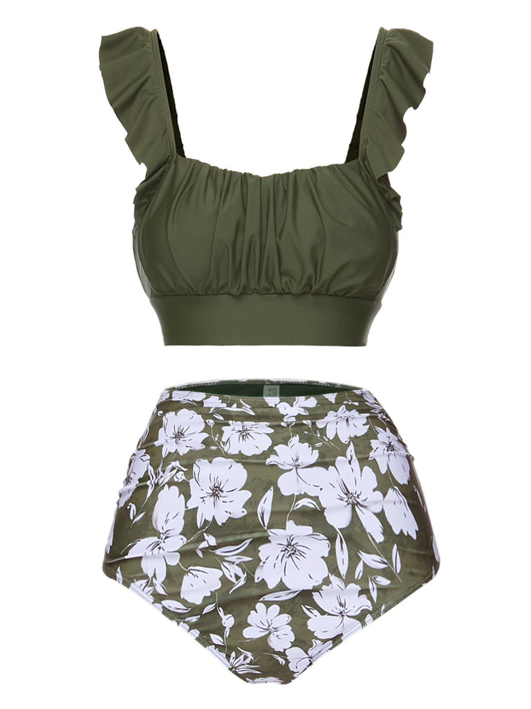 She's wearing Green 1950s Floral Ruffles Pleated Swimsuit and the whole beach remembers the 1950s