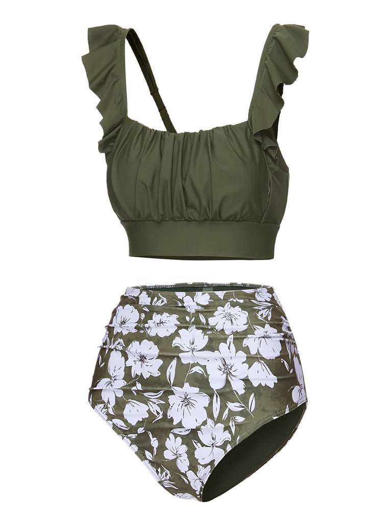 Green 1950s Floral Ruffles Pleated Swimsuit: 1950s Riviera elegance, reimagined for her
