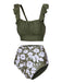 Green 1950s Floral Ruffles Pleated Swimsuit: 1950s Riviera elegance, reimagined for her