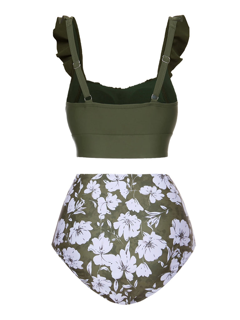 This Green 1950s Floral Ruffles Pleated Swimsuit carries 1950s vacation dreams in every stitch