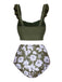 This Green 1950s Floral Ruffles Pleated Swimsuit carries 1950s vacation dreams in every stitch