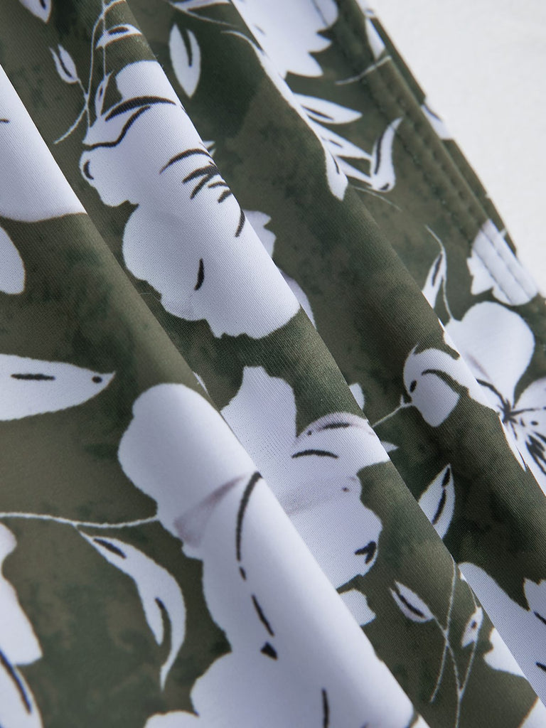 Green 1950s Floral Ruffles Pleated Swimsuit — because 1950s glamour never goes out of style