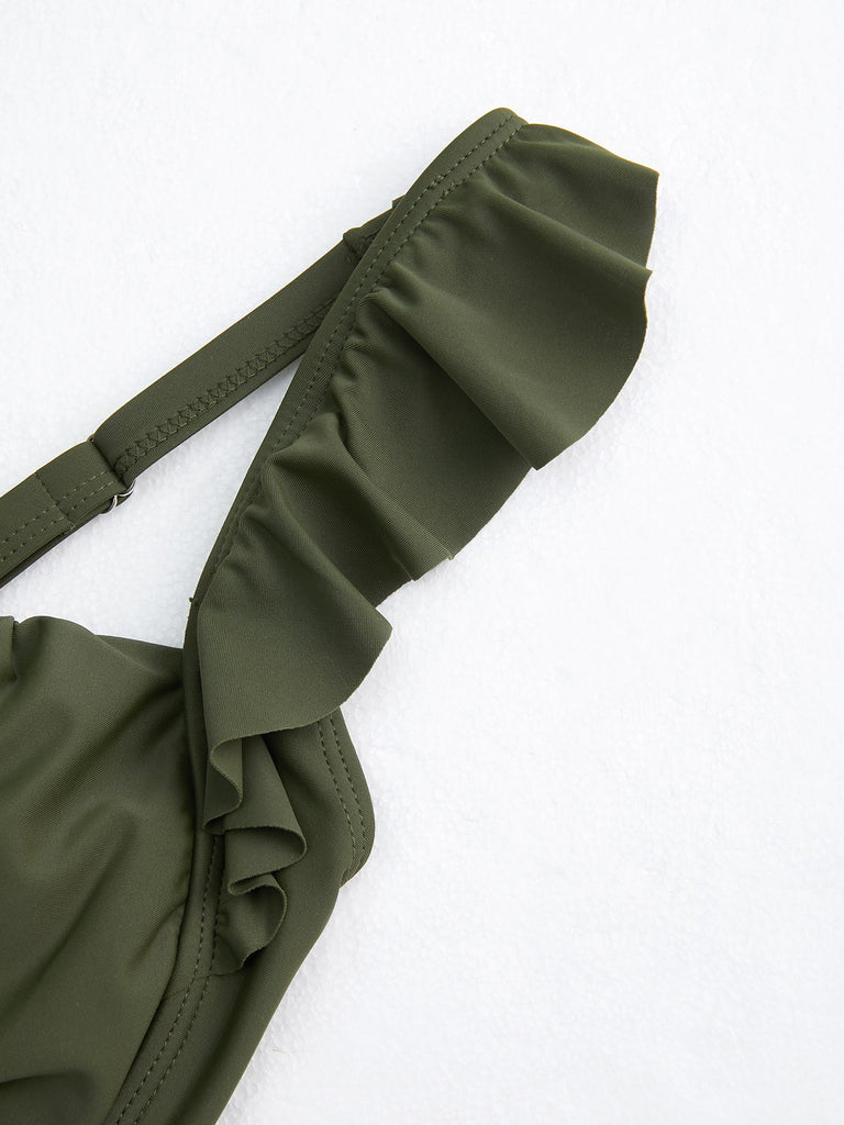 Green 1950s Floral Ruffles Pleated Swimsuit — 1950s poolside glamour meets sun-drenched confidence