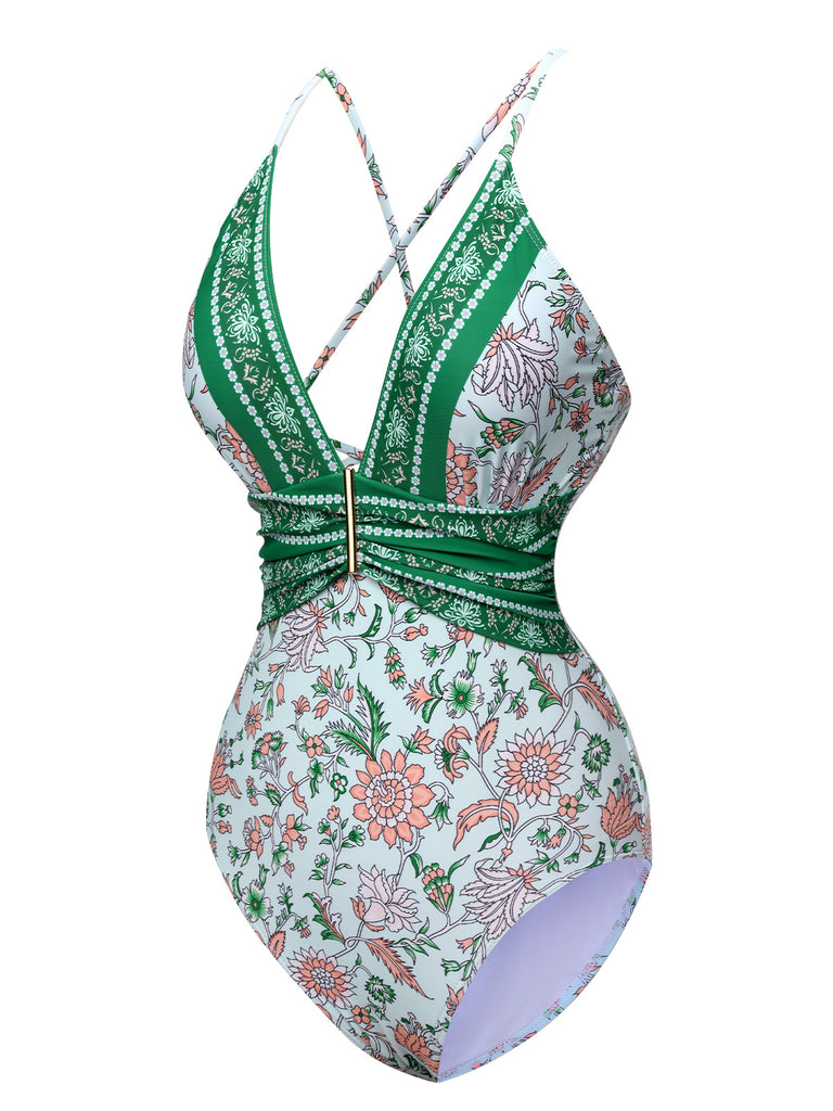 Green 1950s Floral Spaghetti Strap Swimsuit: 1950s Riviera elegance, reimagined for her