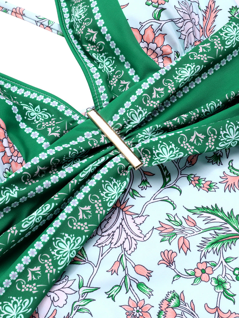 Green 1950s Floral Spaghetti Strap Swimsuit — because 1950s glamour never goes out of style