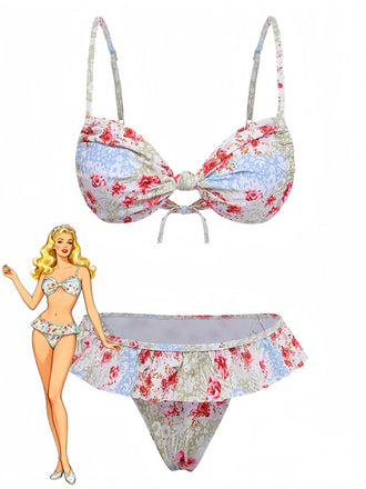 Green 1950s Floral Vintage Ruffle Bikini - vintage fashion, retro style