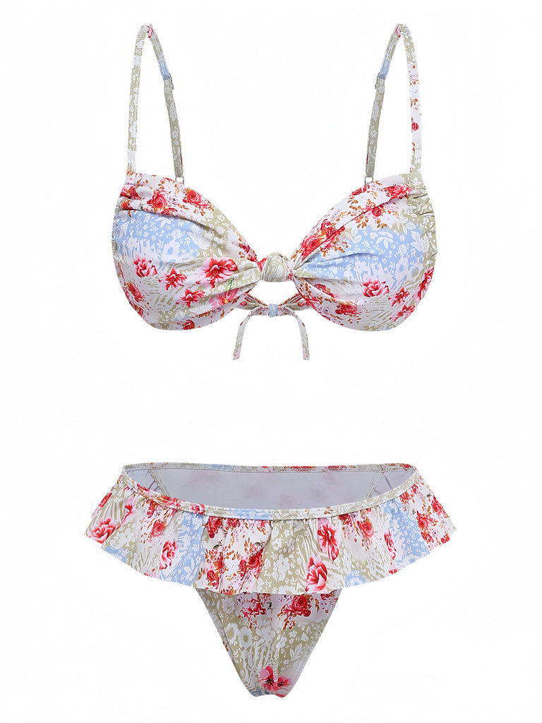 Green 1950s Floral Vintage Ruffle Bikini - vintage fashion, retro style