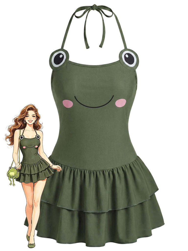 Pre-Sale] Green 1950s Frog Print Halter Ruffled One-Piece Swimdress