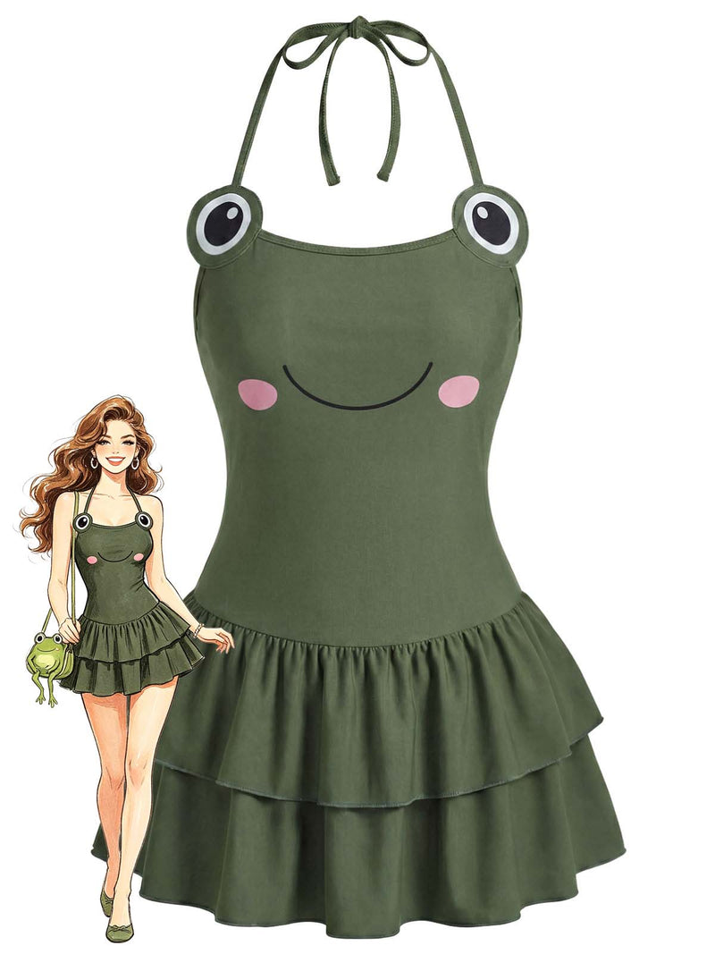 frog dress Vintage Frog Print Halter Ruffled One-Piece Swimdress Cute Swimsuit for Women Green