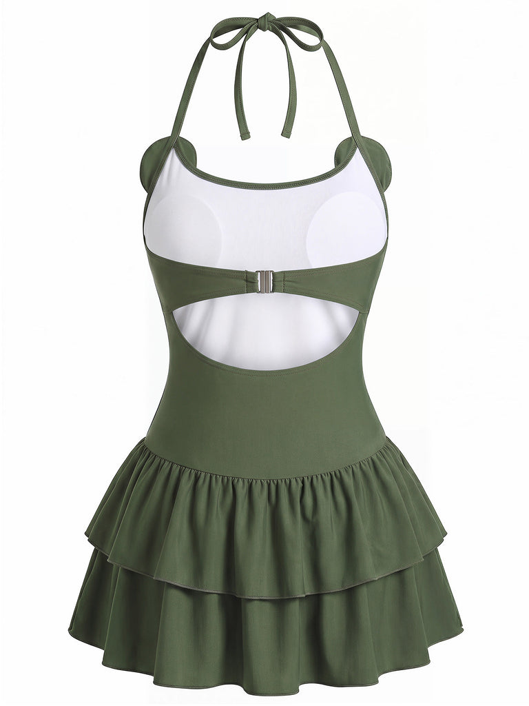 Pre-Sale] Green 1950s Frog Print Halter Ruffled One-Piece Swimdress