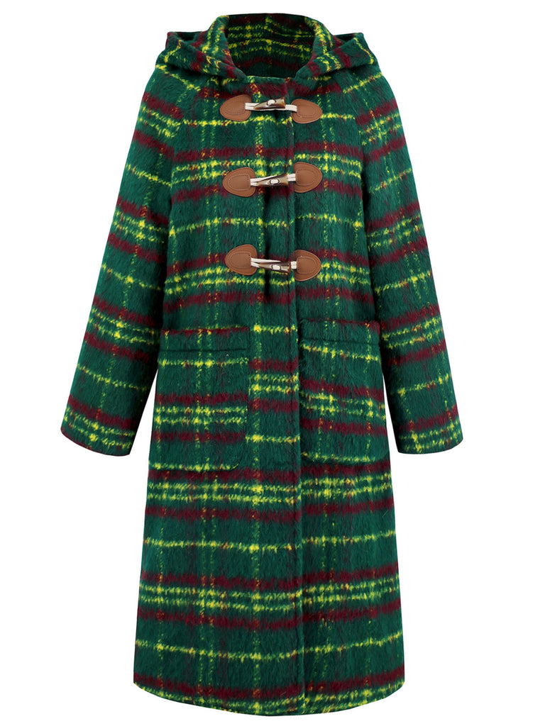 Green 1950s Gingham Plaid Hooded Coat - vintage fashion, retro style