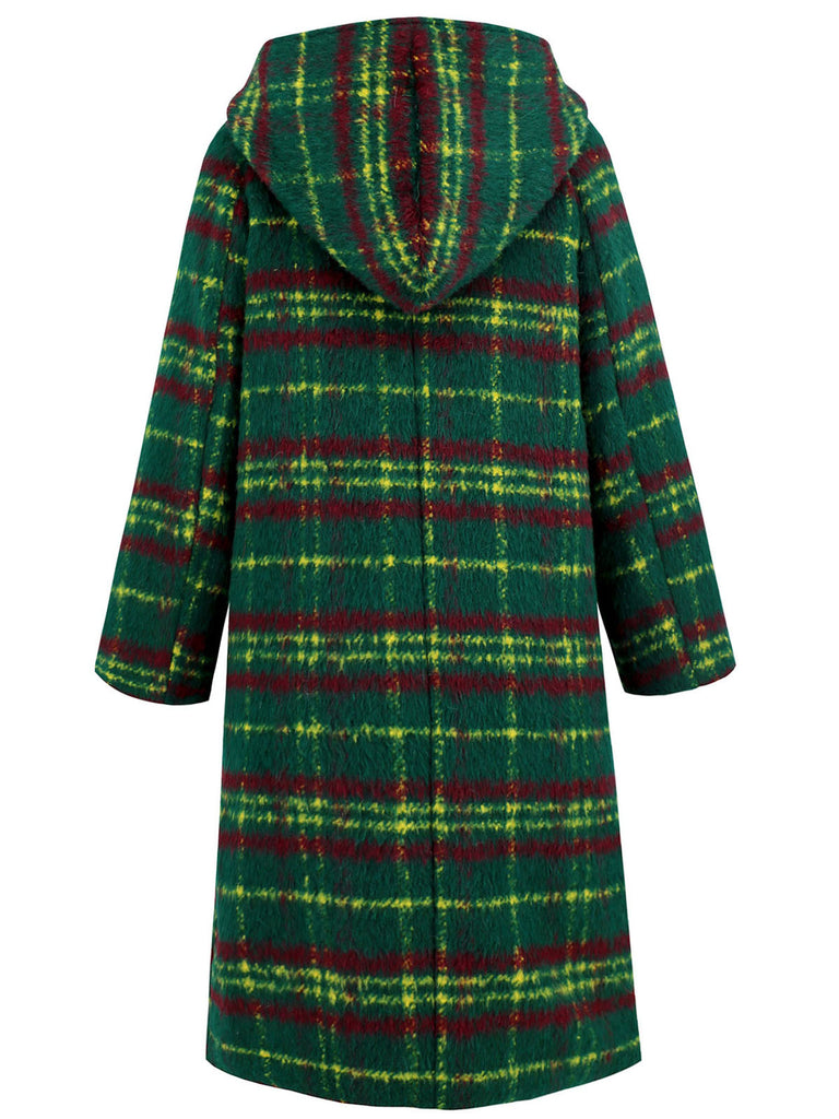 Green 1950s Gingham Plaid Hooded Coat - vintage fashion, retro style